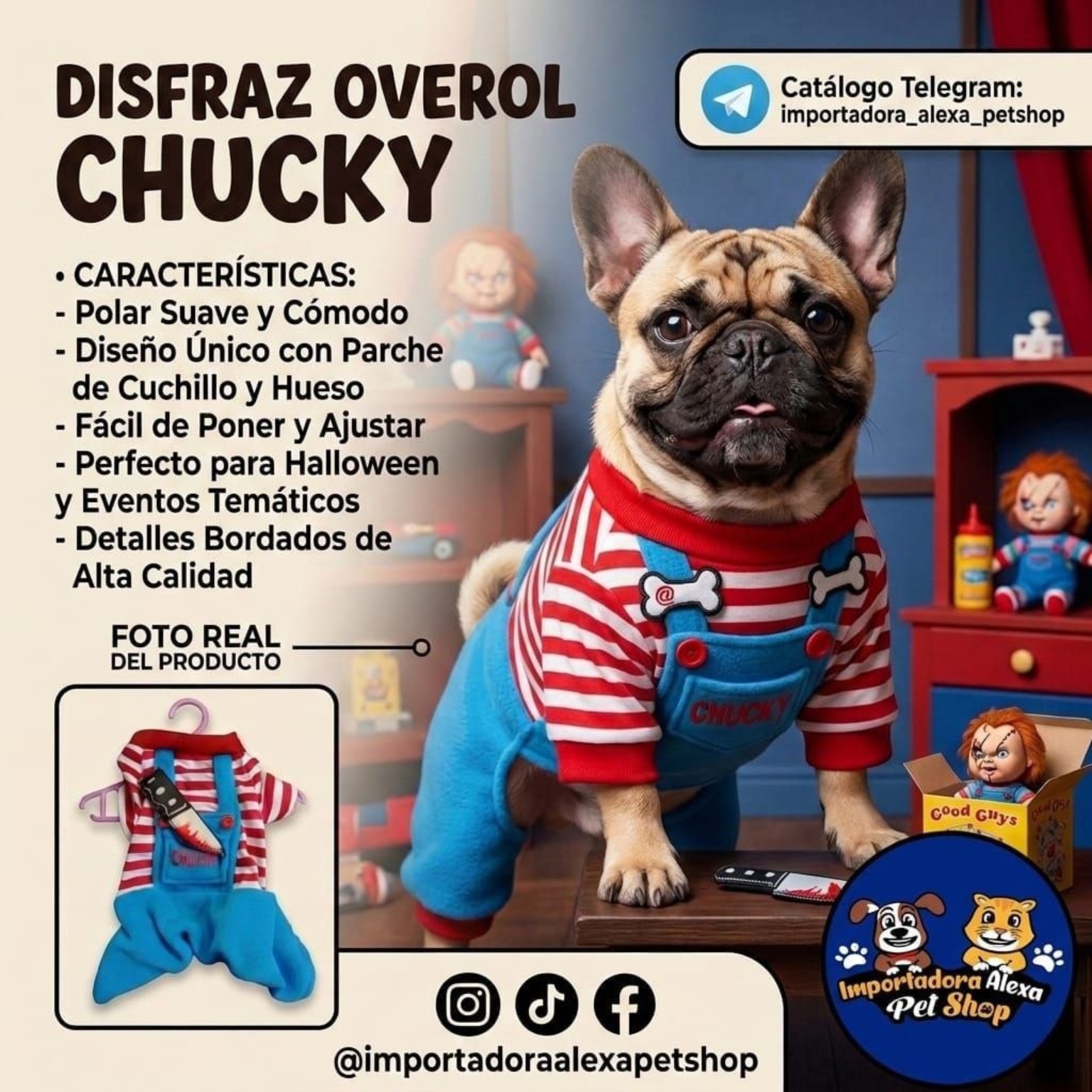 Disfraz Overol Chucky para Mascota de Importadora Alexa Petshop